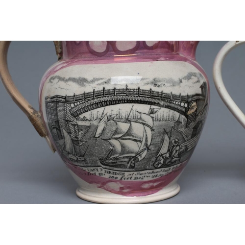 37 - TWO SUNDERLAND PINK SPLASH LUSTRE DUTCH JUGS, one printed in black with the 