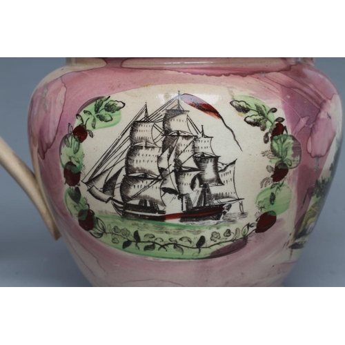 39 - A SUNDERLAND PINK SPLASH LUSTRE POTTERY DUTCH JUG, c.1800, printed in black with the 