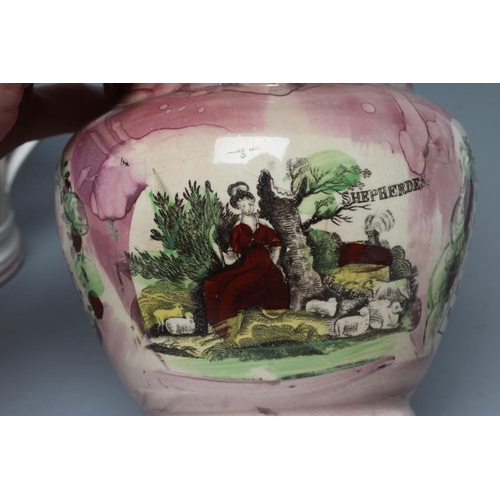 39 - A SUNDERLAND PINK SPLASH LUSTRE POTTERY DUTCH JUG, c.1800, printed in black with the 