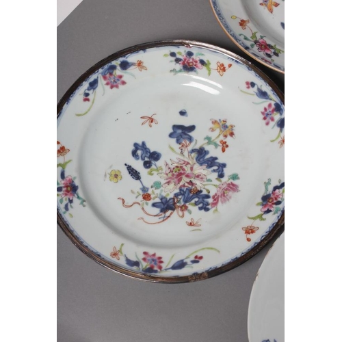 4 - A PAIR OF CHINESE PORCELAIN SOUP PLATES AND A MATCHING PLATE painted in underglaze blue and over pai... 