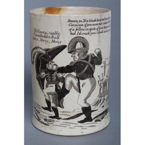 41 - OF NAPOLEONIC INTEREST - a creamware mug, probably Leeds c.1810, printed in black with John Bull pun... 