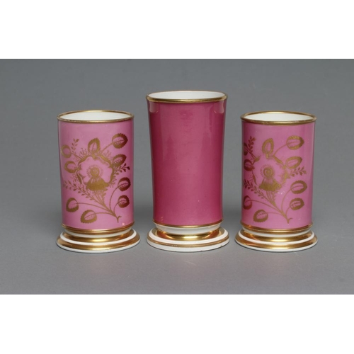 46 - A PAIR OF COALPORT PORCELAIN SPILL VASES, c.1830, of plain cylindrical form, painted in polychrome e... 