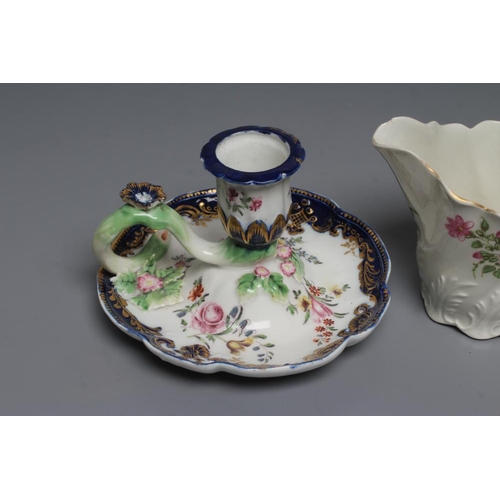 47 - A CHELSEA PORCELAIN CHAMBERSTICK, c.1770, of dished lobed circular form with tulip socket issuing fr... 