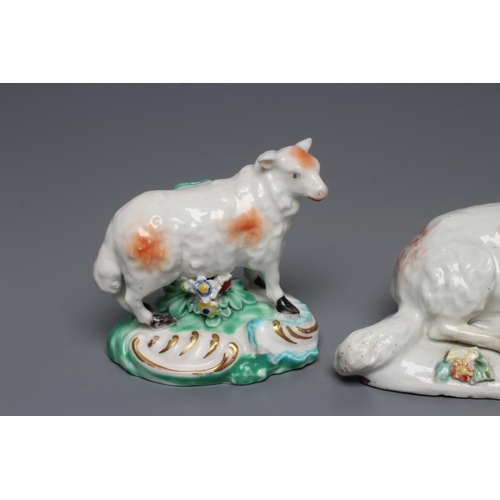 50 - A DERBY PORCELAIN RAM AND EWE, c.1760, each modelled recumbent on a flower encrusted shaped base, pa... 