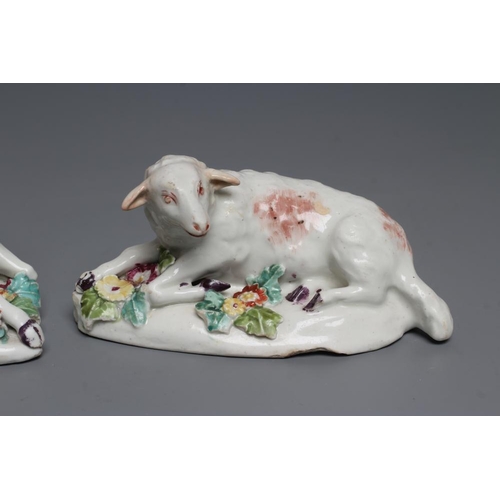 50 - A DERBY PORCELAIN RAM AND EWE, c.1760, each modelled recumbent on a flower encrusted shaped base, pa... 