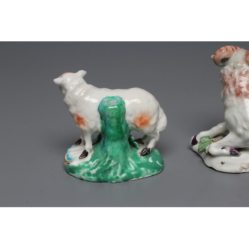 50 - A DERBY PORCELAIN RAM AND EWE, c.1760, each modelled recumbent on a flower encrusted shaped base, pa... 