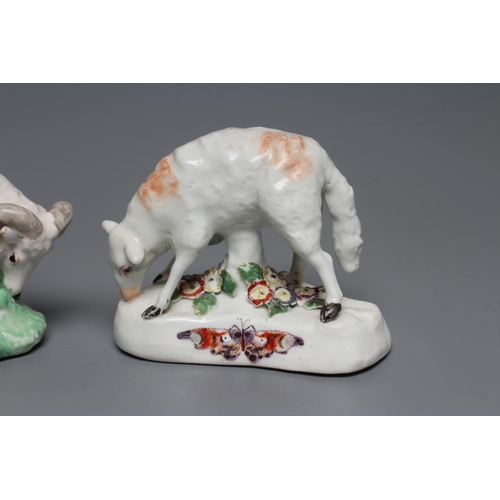 51 - A DERBY PORCELAIN GRAZING EWE, c.1760, standing on a flower enrusted shaped base, the fascia painted... 