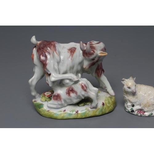 52 - A SMALL BOW PORCELAIN SHEEP, c.1755, modelled recumbent with pale yellow fleece, on a flower painted... 