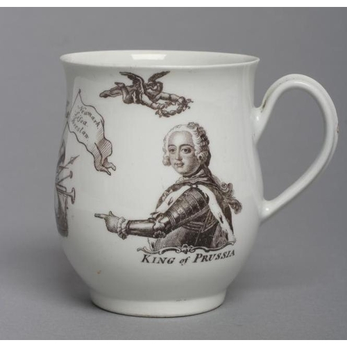 54 - A FIRST PERIOD WORCESTER PORCELAIN BELL SHAPED MUG, c.1755, on-glaze printed in black after Richard ... 