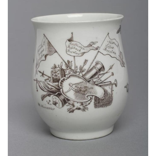 54 - A FIRST PERIOD WORCESTER PORCELAIN BELL SHAPED MUG, c.1755, on-glaze printed in black after Richard ... 