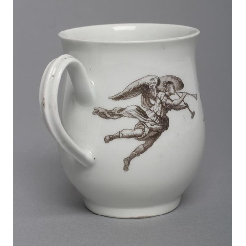 54 - A FIRST PERIOD WORCESTER PORCELAIN BELL SHAPED MUG, c.1755, on-glaze printed in black after Richard ... 