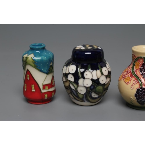 78 - A COLLECTION OF THREE MINIATURE MOORCROFT POTTERY VASES, modern, comprising Nordic Houses, Coral Hib... 