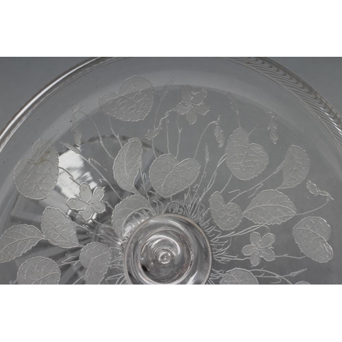 90 - A VICTORIAN TAZZA, the circular plate with raised slice cut rim, the underside etched with hedgerow ... 