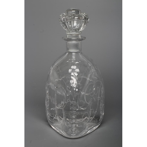 94 - OF ROYAL INTEREST - A Stevens & Williams triangular decanter with crown stopper, engraved to commemo... 