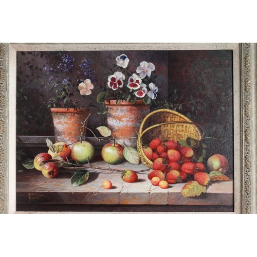 371 - PAUL MORGAN (b.1940) Still Life with Fruit and Flower Pots, a pair, oil on board, signed, 12