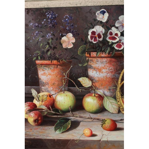 371 - PAUL MORGAN (b.1940) Still Life with Fruit and Flower Pots, a pair, oil on board, signed, 12