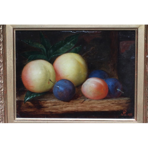 373 - ENGLISH SCHOOL (19th century) Still life with Apples and Plums, oil on panel, signed with monogram a... 