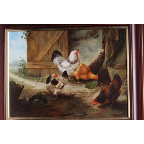 380 - RAY JACOB (1928-2010) Chickens and Ducks, a pair, oil on panel, signed, 11 1/2