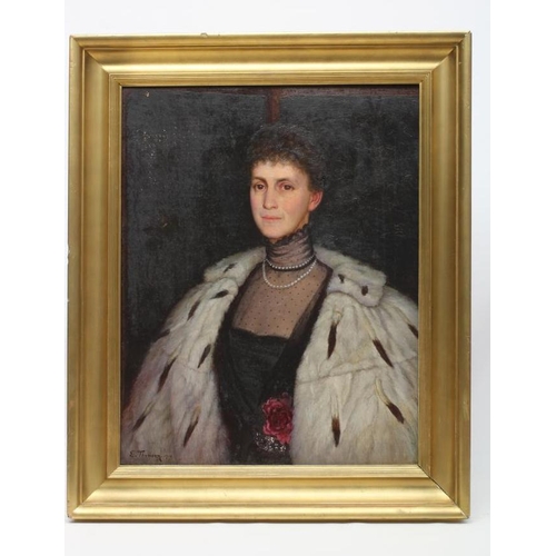 387 - E. THOMPSON (19/20th century) Portrait of The Hon. Theodora Maitland, in Black Lace Dress and Ermine... 