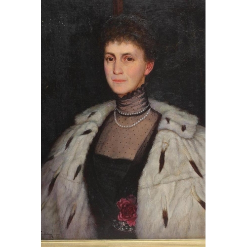 387 - E. THOMPSON (19/20th century) Portrait of The Hon. Theodora Maitland, in Black Lace Dress and Ermine... 