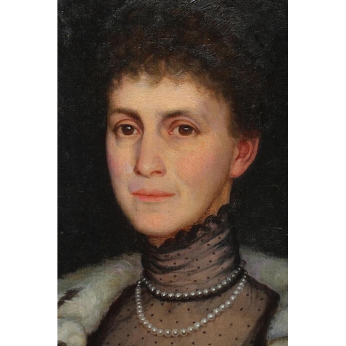 387 - E. THOMPSON (19/20th century) Portrait of The Hon. Theodora Maitland, in Black Lace Dress and Ermine... 