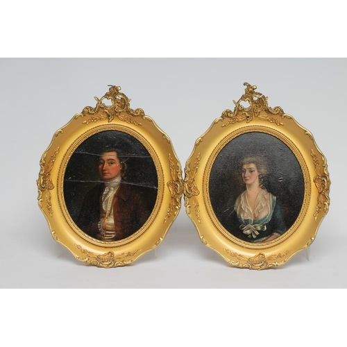 388 - ENGLISH SCHOOL (18th century) Portraits of A Lady and A Gentleman, a pair of oval miniatures, oil on... 