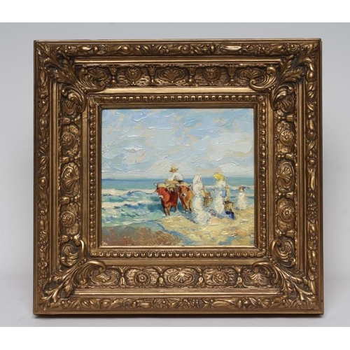 391 - ATTRIBUTED TO SALVADOR VILAPLANA (Spanish 1900-1948) Beach Scene with Figures and Oxen, oil on board... 