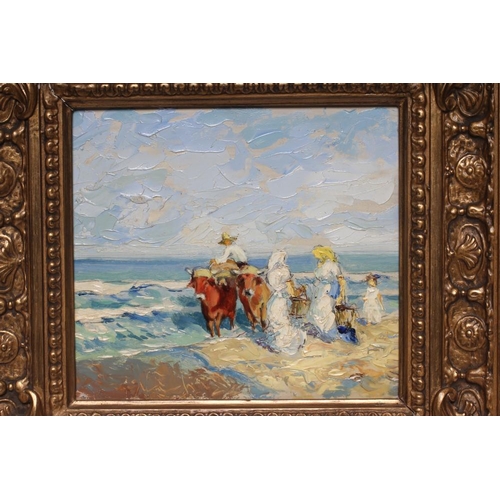 391 - ATTRIBUTED TO SALVADOR VILAPLANA (Spanish 1900-1948) Beach Scene with Figures and Oxen, oil on board... 