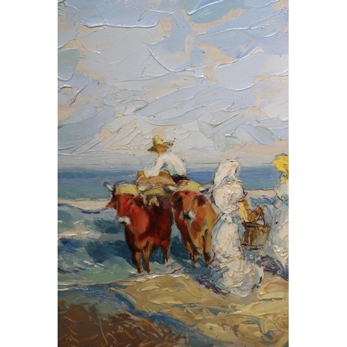 391 - ATTRIBUTED TO SALVADOR VILAPLANA (Spanish 1900-1948) Beach Scene with Figures and Oxen, oil on board... 