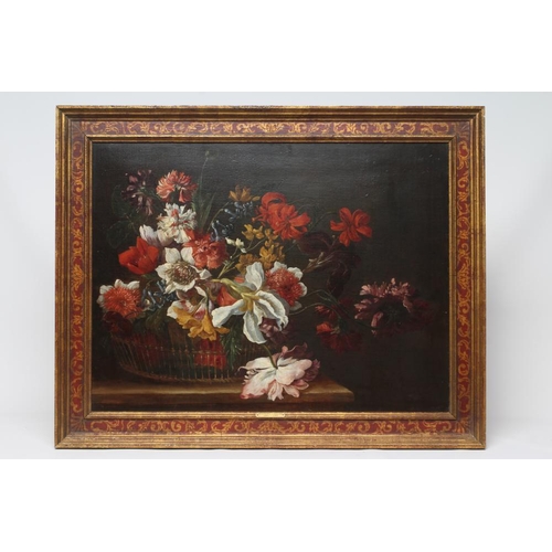 396 - ATTRIBUTED TO GIUSEPPE LAVAGNA (Italian c.1684-c.1729) Basket of Flowers on a Stone Ledge, oil on ca... 