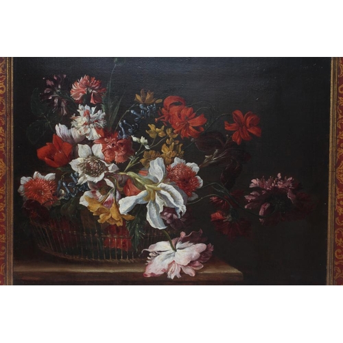 396 - ATTRIBUTED TO GIUSEPPE LAVAGNA (Italian c.1684-c.1729) Basket of Flowers on a Stone Ledge, oil on ca... 