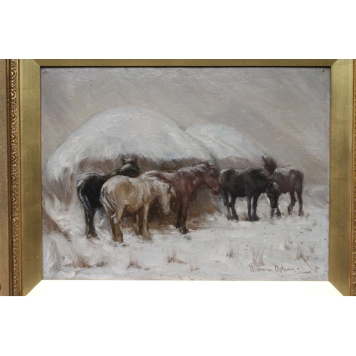 405 - JOSEPH DENOVAN ADAM Snr. RSA RSW (Canadian 1841-1896) Ponies Sheltering From a Blizzard, oil on pane... 