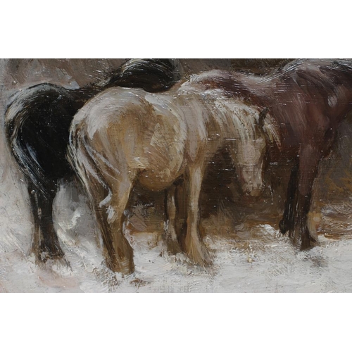 405 - JOSEPH DENOVAN ADAM Snr. RSA RSW (Canadian 1841-1896) Ponies Sheltering From a Blizzard, oil on pane... 