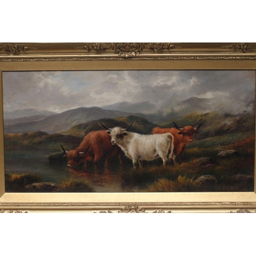 408 - J HENRY (19th century) Highland Cattle Watering, oil on canvas, signed, 10