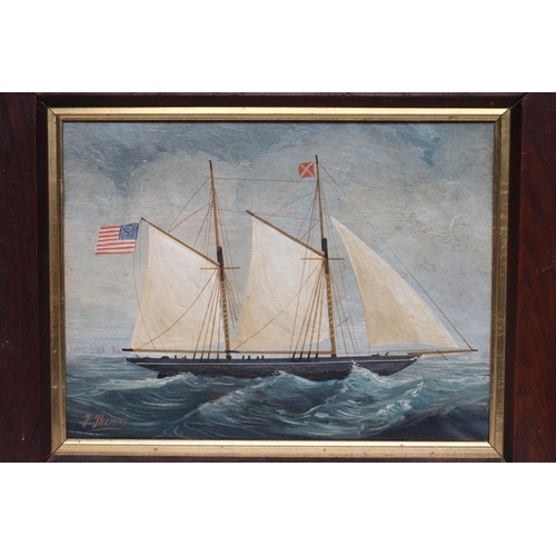 413 - AMERICAN PRIMITIVE SCHOOL (19th century) Portrait of a Twin Masted Ship, oil on board, signed F. Tho... 