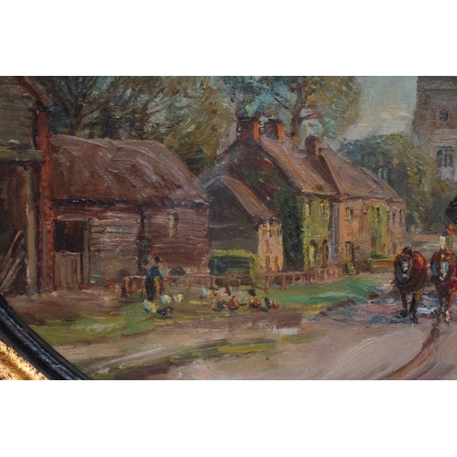 421 - HERBERT F ROYLE (1870-1958) Village Scene with Team of Work Horses, Church Beyond, oval oil on board... 