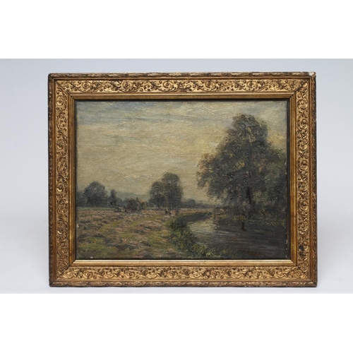 424 - HERBERT F ROYLE (1870-1958) Haymaking Near The River Wharfe, oil on canvas, signed, 12