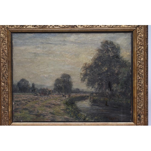 424 - HERBERT F ROYLE (1870-1958) Haymaking Near The River Wharfe, oil on canvas, signed, 12