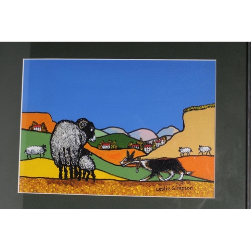 431 - LESLIE SIMPSON (1930-2020) Sheepdog and Sheep, oil on board, set of three, signed, inscribed to reve... 