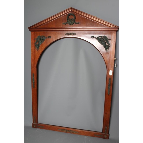 456 - AN ARCHITECTURAL MAHOGANY PEDIMENTED FRAME, late 19th century, in the empire style with arched openi... 