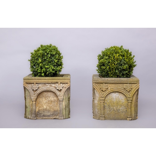 482 - A MATCHED PAIR OF GOTHIC SANDSTONE JARDINIERES of square form with moulded rim, the arcaded sides ca... 