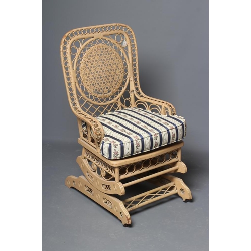 486 - A HEYWOOD & WAKEFIELD STYLE GARDEN ROOM PLATFORM ROCKER, the mildly arched wicker back woven with a ... 