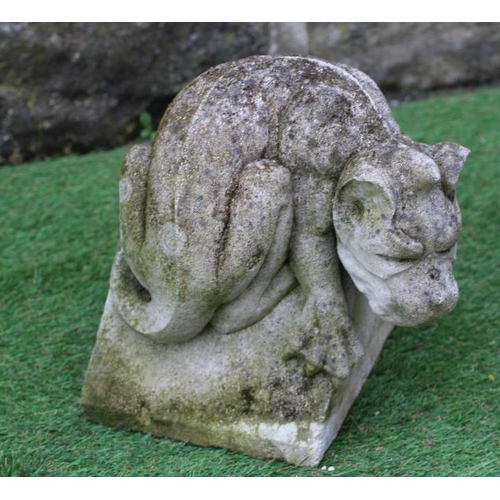 493 - A PAIR OF CAST STONE DRAGON GARGOYLES realistically modelled on a triangular base, 11