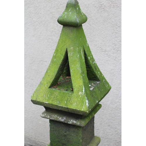 496 - A SANDSTONE FINIAL of square form, the pierced tapering surmount with ogee finial, on ogee moulded b... 