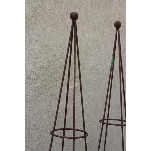 507 - A PAIR OF WROUGHT IRON PLANT OBELISKS of tapering circular form with ball finial, rust patination, 1... 