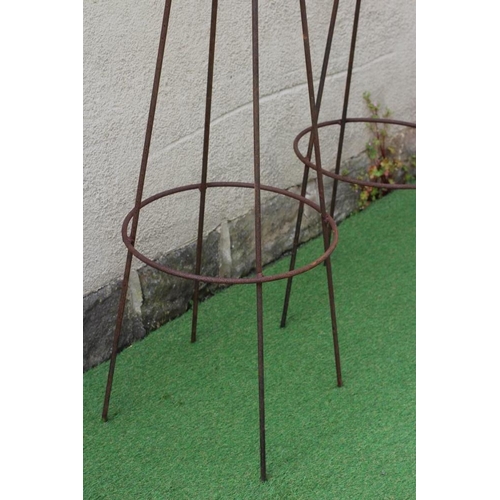 507 - A PAIR OF WROUGHT IRON PLANT OBELISKS of tapering circular form with ball finial, rust patination, 1... 