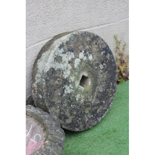 519 - A SMALL SANDSTONE FOUNTAIN, the bowl with everted ovolu moulded rim, on moulded circular base, 21