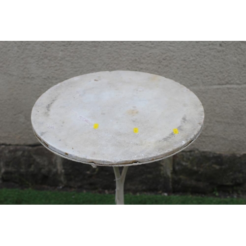 527 - A CAST IRON BISTRO TABLE, the circular white marble top on plain turned stem, raised on scrolled and... 