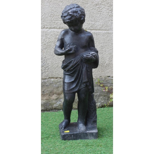 535 - A VICTORIAN LEAD FIGURE OF A PUTTO modelled standing and holding a bird's nest, on square base, 7 1/... 