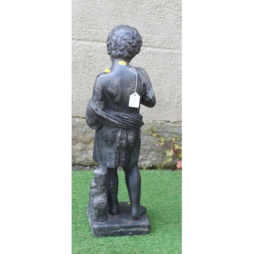 535 - A VICTORIAN LEAD FIGURE OF A PUTTO modelled standing and holding a bird's nest, on square base, 7 1/... 